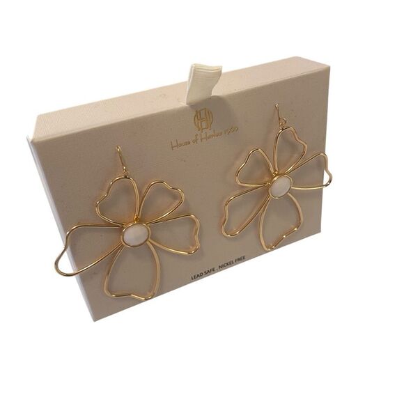 House of Harlow 1960 Gold Toned Flower Earrings w/Faceted White Center. - Picture 2 of 6